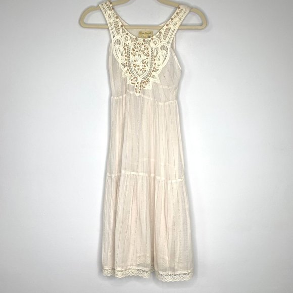 FREE PEOPLE Bali Boho Cream Gauzy Beaded Cotton Midi Dress Sz‎ 0